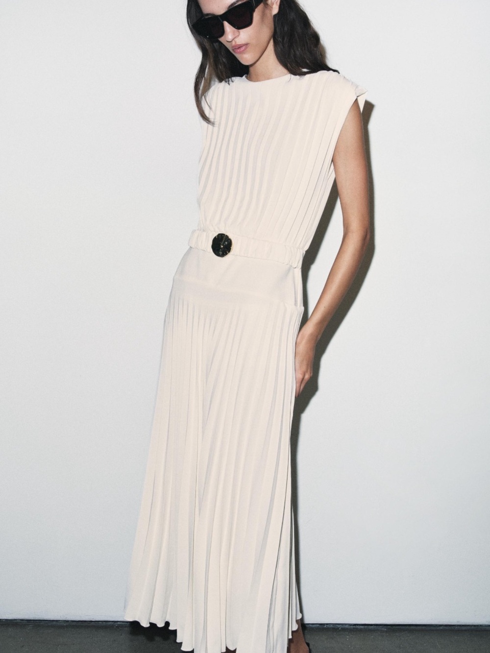 Zara Cream Pleated Wide-Leg Jumpsuit with Buckle Belt